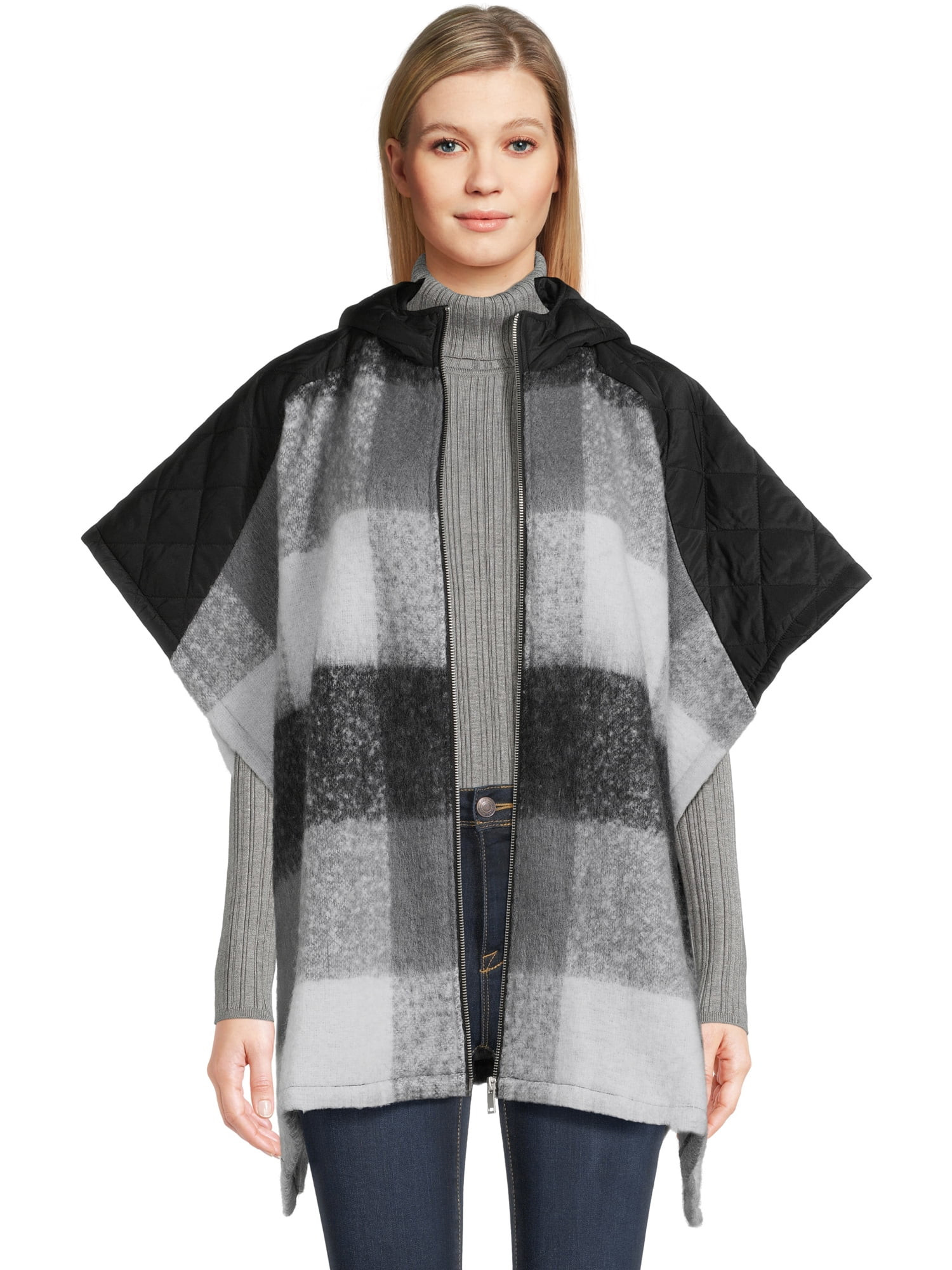 Time and Tru Women’s Plaid Zip Poncho with Hood, Sizes S/M-L-XL - Walmart.com | Walmart (US)