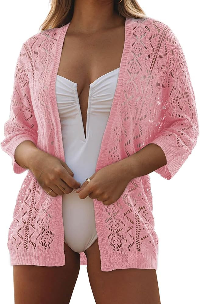 SHEWIN Women Summer 3/4 Sleeve Crochet Coverup Open Front Beach Cover Ups 2026 | Amazon (US)