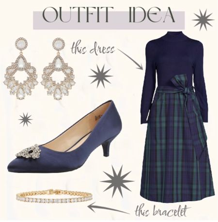 Dressy holiday look with this plaid dress and blue rhinestone buckles. Paired it with these statement earrings and a tennis bracelet.

#LTKstyletip #LTKunder50