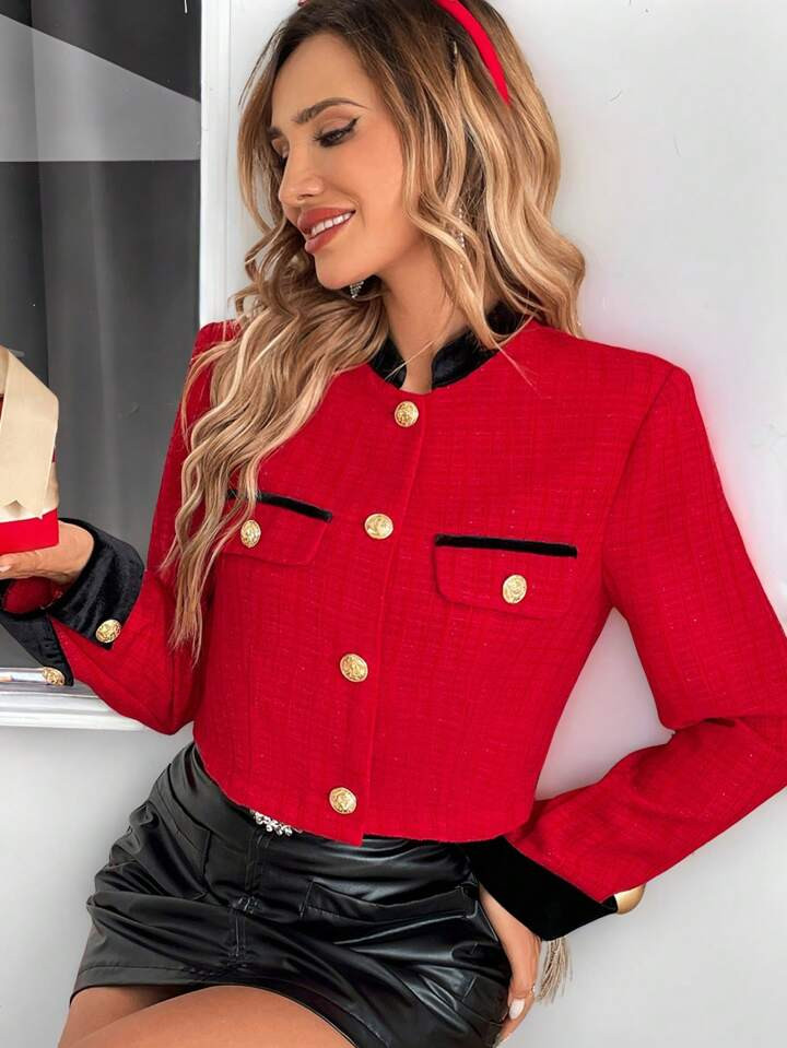 SHEIN Clasi 1pc Women Elegant High-End Detailed Red Metal Buckle Cuff Velvet Splice Autumn/Winter... | SHEIN