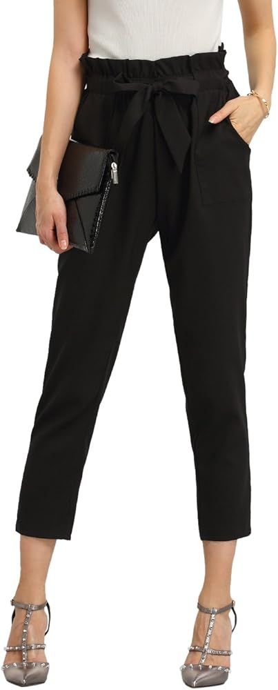 SweatyRocks Women's Elastic Belted High Waist Casual Loose Long Pants with Pocket | Amazon (US)
