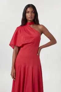 Premium Tailored Linen High Neck One Shoulder Full Midi Dress | Karen Millen