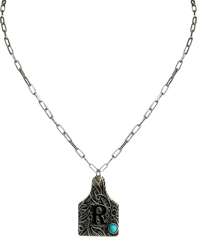 Western Boho Cattle Tag Letter A-Z with Turquoise Pendant Initial Monogram Necklace | Amazon (US)