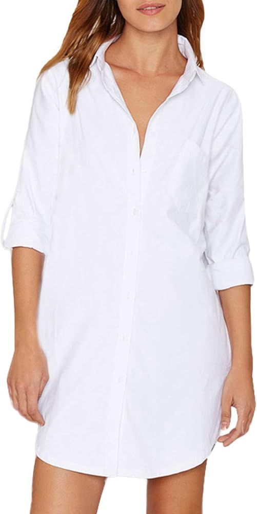 Auxo Women's Long Sleeve Button Down Shirts Lapel Tunic Blouse Solid Shirt Dress Casual Office Fo... | Amazon (US)