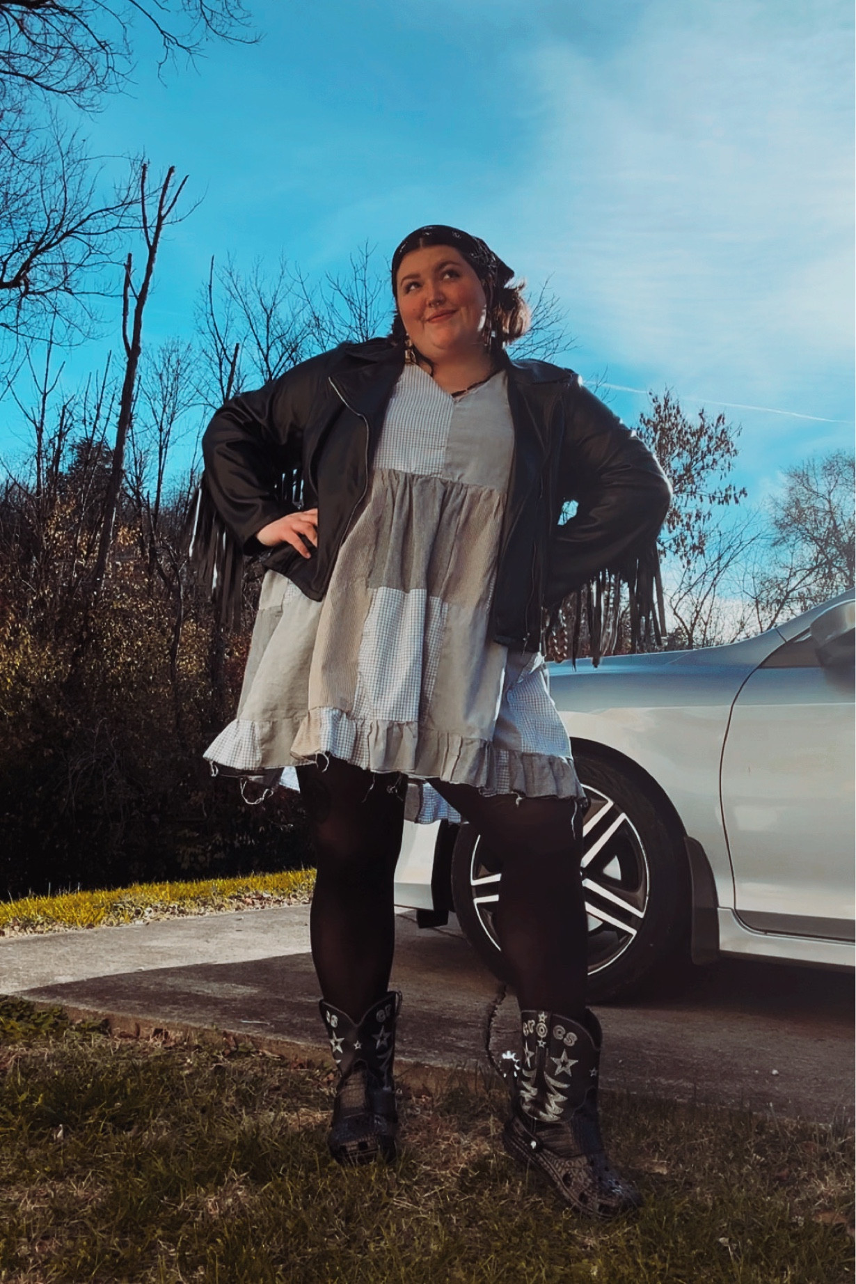Plus Size Winter Outfit: dress- made by me, jacket-ashley Stewart, tights- snag tights, boots- CROCs cowboy boots (sold out) 

#LTKmidsize #LTKplussize #LTKstyletip