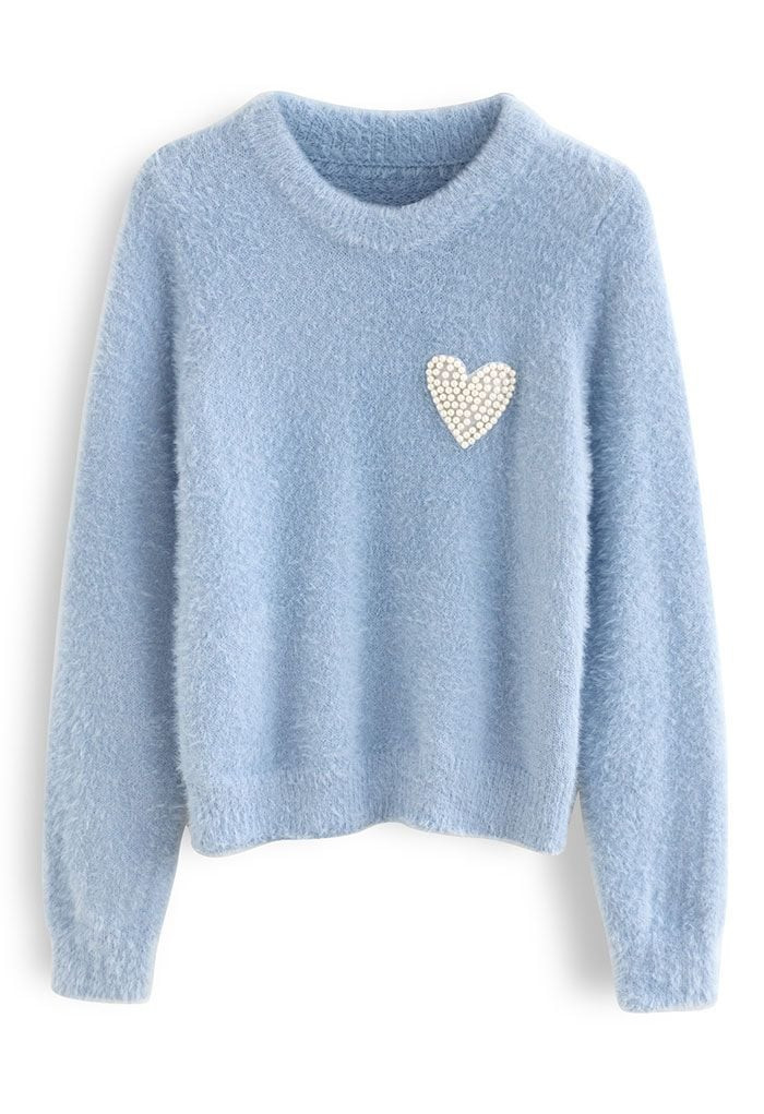 Pearly Heart Patch Soft Fuzzy Knit Sweater in Blue | Chicwish
