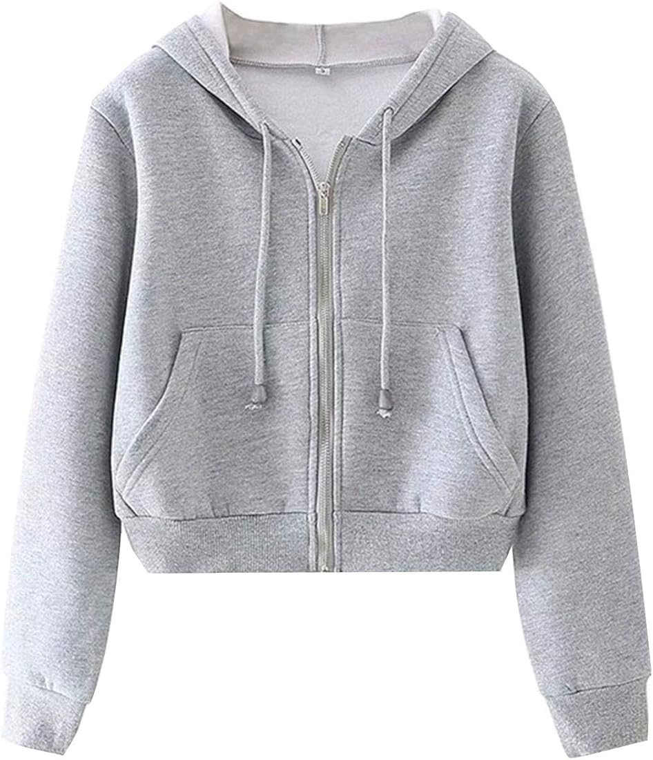 PUWEI Women's Casual Zip Up Drawstring Cropped Hoodie Hooded Crop Jacket Top with Pockets | Amazon (US)