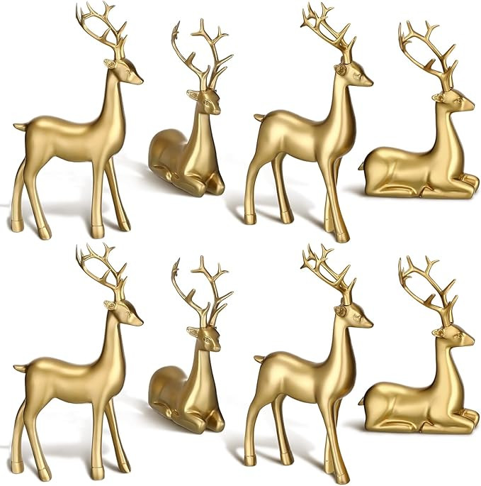 Wenqik 8 Pcs Christmas Reindeer Figurines Gold Deer Christmas Decor Xmas Sitting Standing Deer St... | Amazon (US)
