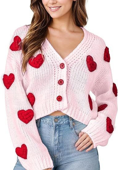 Women Valentines Day Cropped Cardigan Sweaters Love Heart Printed Open Front Button Down Knit Swe... | Amazon (US)
