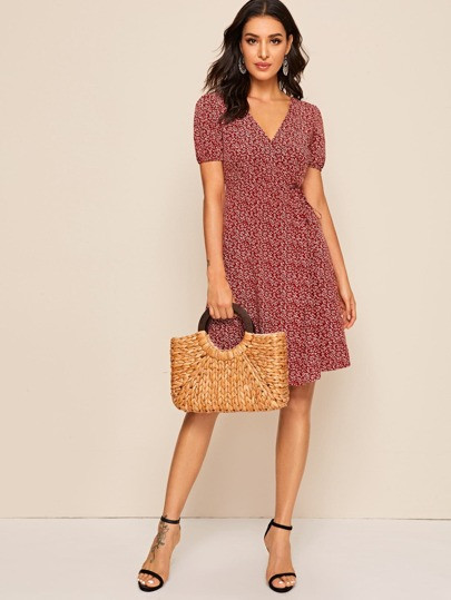 Allover Plant Print Puff Sleeve Tie Waist Wrap Dress | SHEIN