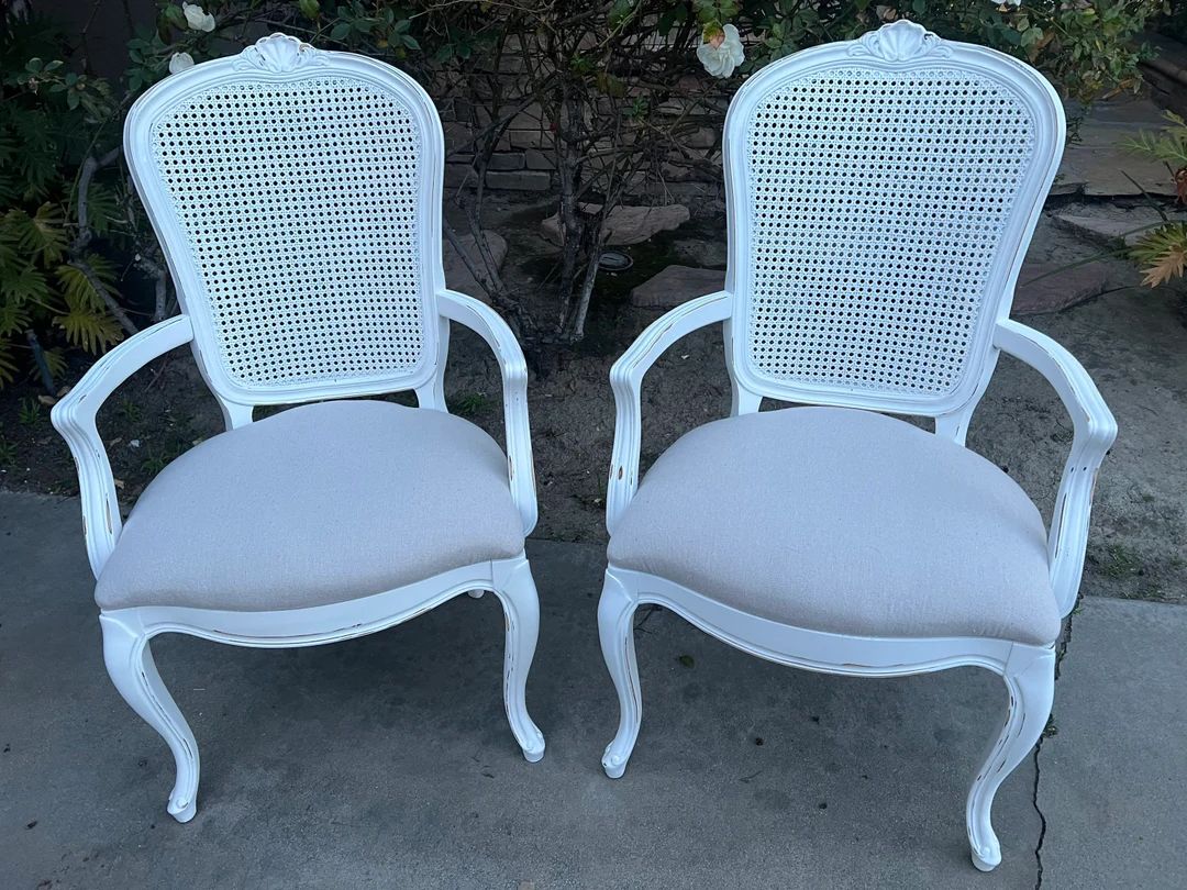 Vintage PAIR WHITE Cane back armed French dining kitchen oatmeal fabric Shabby Romantic Farmhouse... | Etsy (US)