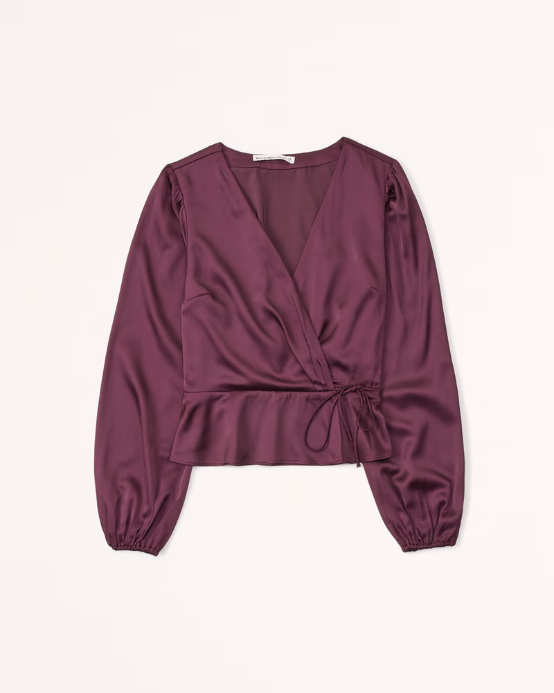 Long-Sleeve Satin Wrap Top | Abercrombie & Fitch (US)