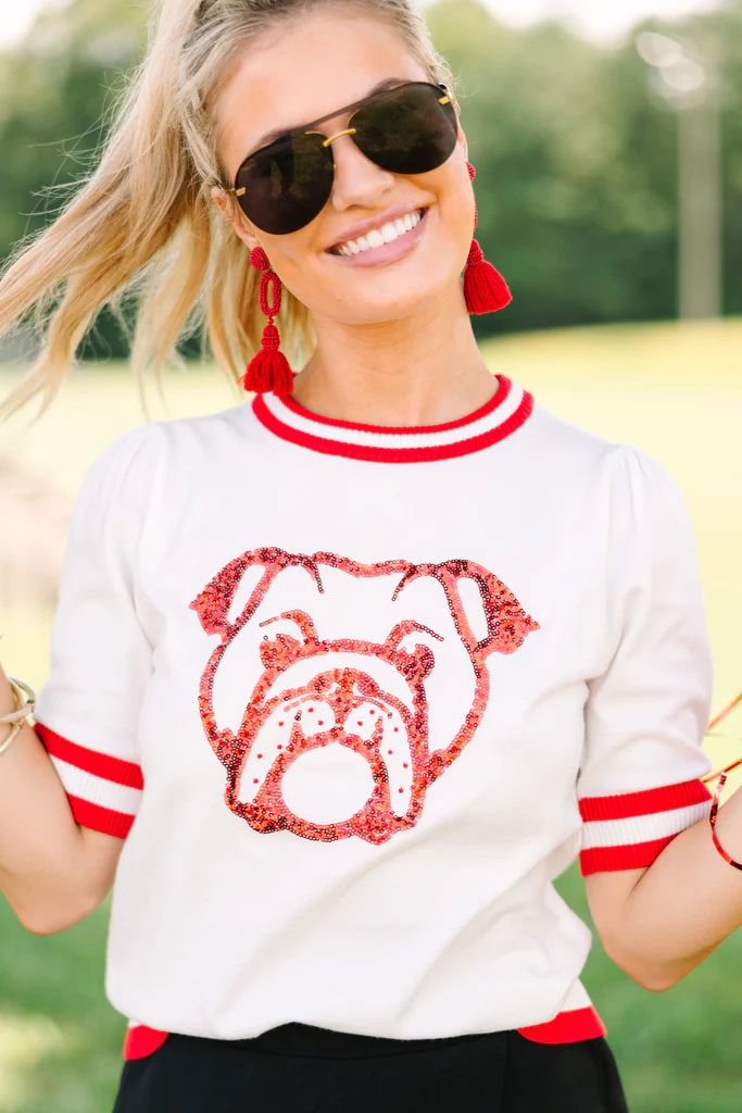 Stay In Character White/Red Bulldog Sweater | The Mint Julep Boutique