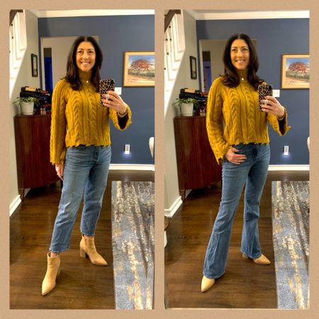 One sweater two ways. Cropped frayed edge sweater with Levi’s straight leg high waist jeans and Express high waist bootcut jeans. Booties are from Target  

#LTKshoecrush #LTKunder50 #LTKstyletip
