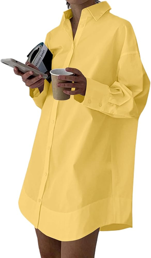 LYANER Women's Casual Shirt Dress Collar V Neck Button Down Loose Long Sleeve Mini Dresses | Amazon (US)