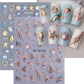 Summer Nail Art Stickers Decals Ocean Theme Nail Decals 2PCS Self-Adhesive Fish Seashell Seahorse... | Amazon (US)