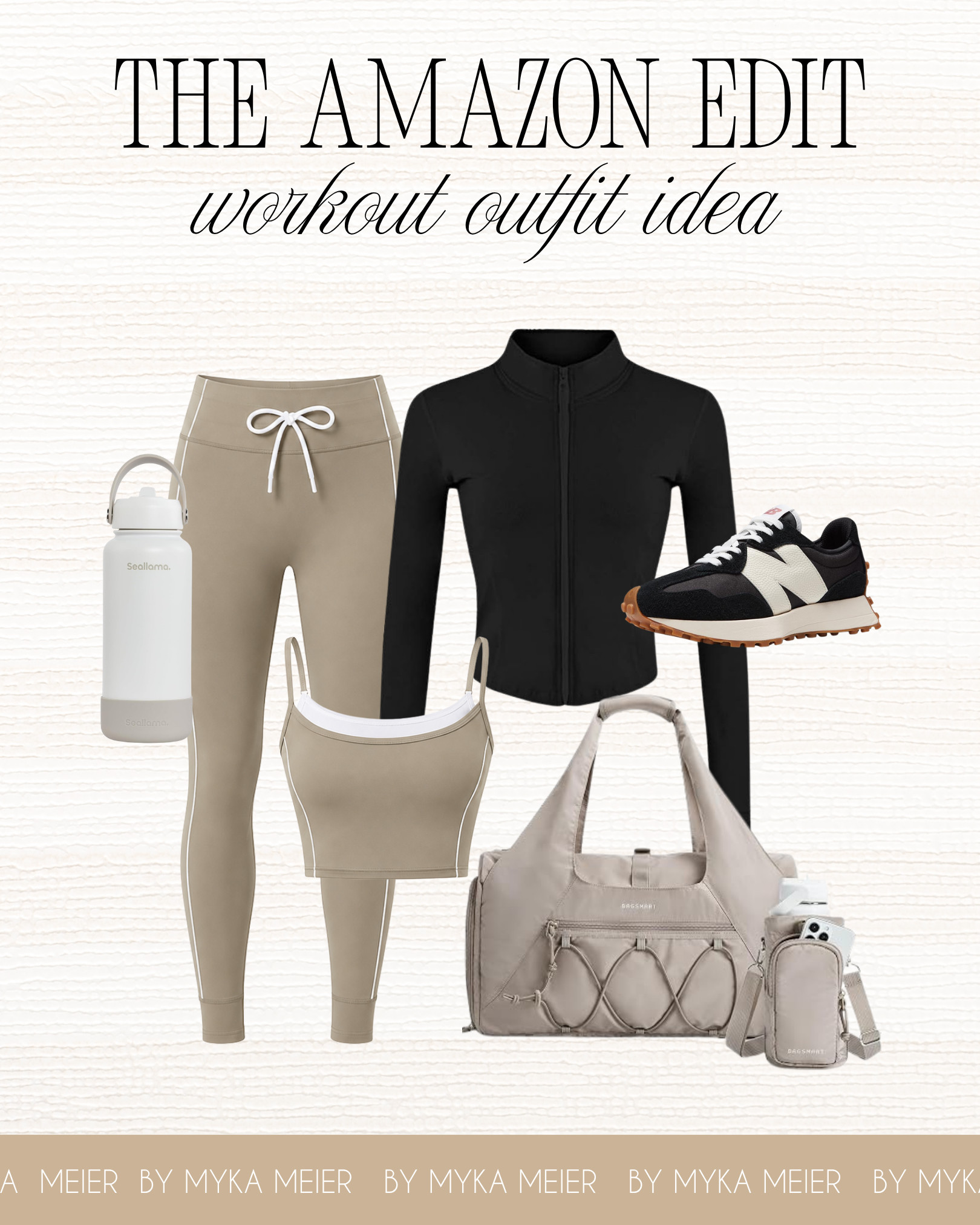 Workout outfit idea!  A matching taupe legging and sports bra set layered under a sleek black zip-up jacket, finished with retro-inspired sneakers, a roomy gym tote, and a matching crossbody. Everything you need for a stylish gym session or errand day, all in one easy Amazon activewear fit. 

 #LTKSeasonal #LTKActive #LTKU
