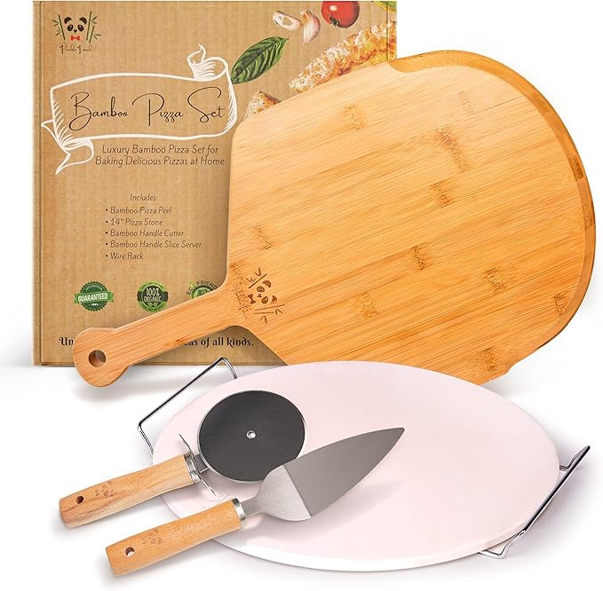 PANDA LAND Large 14" Round Pizza Stone 5-Piece set with Extra-Large Bamboo Pizza Peel, Cutter, Sl... | Amazon (US)
