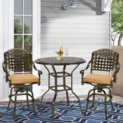 World Menagerie 3-Piece Patio Swivel Bar Set, All-Weather Cast Aluminum Outdoor High Bar Stool Bistro Set For Backyard Garden Deck With 2 Cushions Bar | Wayfair North America