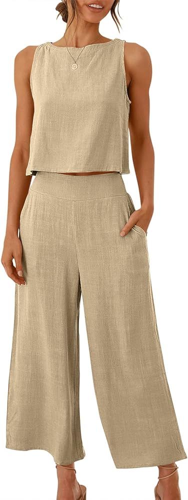 ANRABESS Women's Summer 2 Piece Outfits Sleeveless Tank Crop Button Back Top Capri Wide Leg Pants... | Amazon (US)