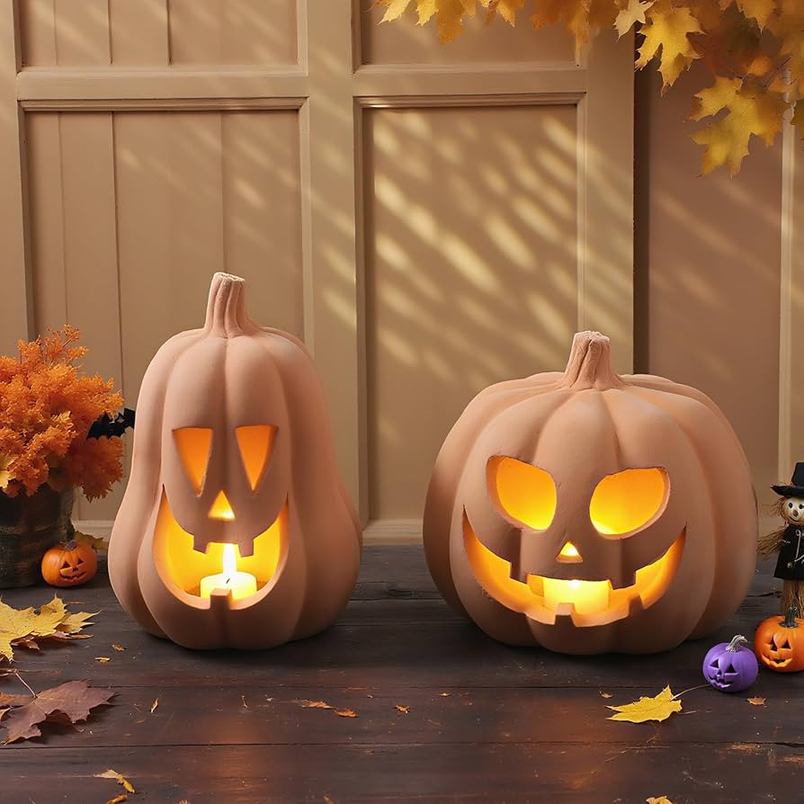 Tioncy 2 Pack Terracotta Pumpkin Decoration Handmade Brown Clay Pumpkin Jack-o-Lantern Halloween ... | Amazon (US)