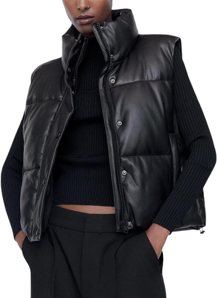 Zhiyouni Womens Faux Leather Sleeveless Puffer Vest Zipper Winter Padded Jacket Vest Gilet | Amazon (US)
