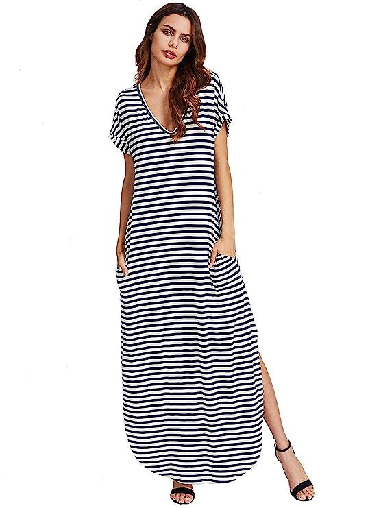 Verdusa Women's V Neck Side Pockets Split Hem Beach Long Maxi Dress | Amazon (US)