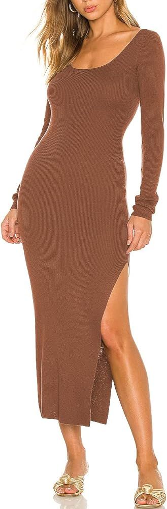 Aigeman Women's Bodycon Side Slit Party Maxi Dress Long Sleeves Scoop Neck Knit Sweater Dress 510... | Amazon (US)