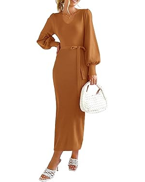 PRETTYGARDEN Women's 2023 Fall Knit Pullover Sweater Elegant Long Lantern Sleeve V Neck Maxi Dres... | Amazon (US)