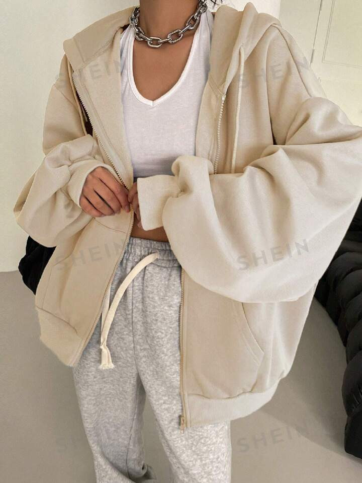 DAZY Solid Drop Shoulder Zip Up Drawstring Thermal Lined Hoodie | SHEIN