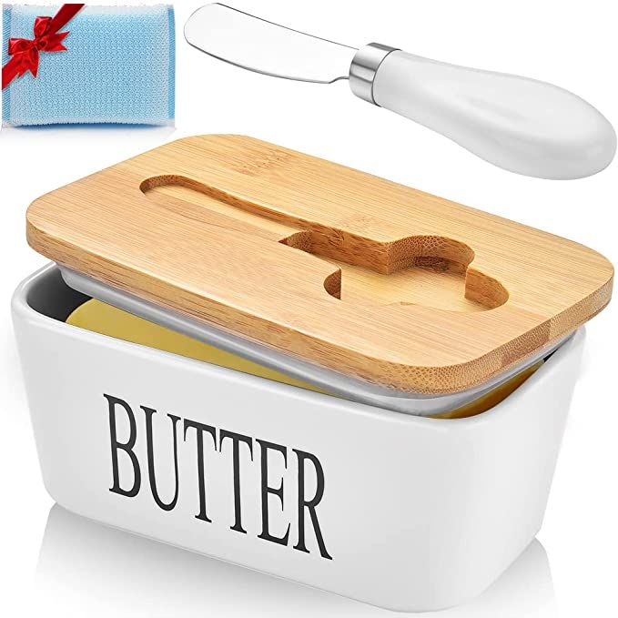 Large Butter Dish,Ceramic Butter Dish with lid and knife, Butter Keeper Double Silicone Seals, Ea... | Amazon (US)