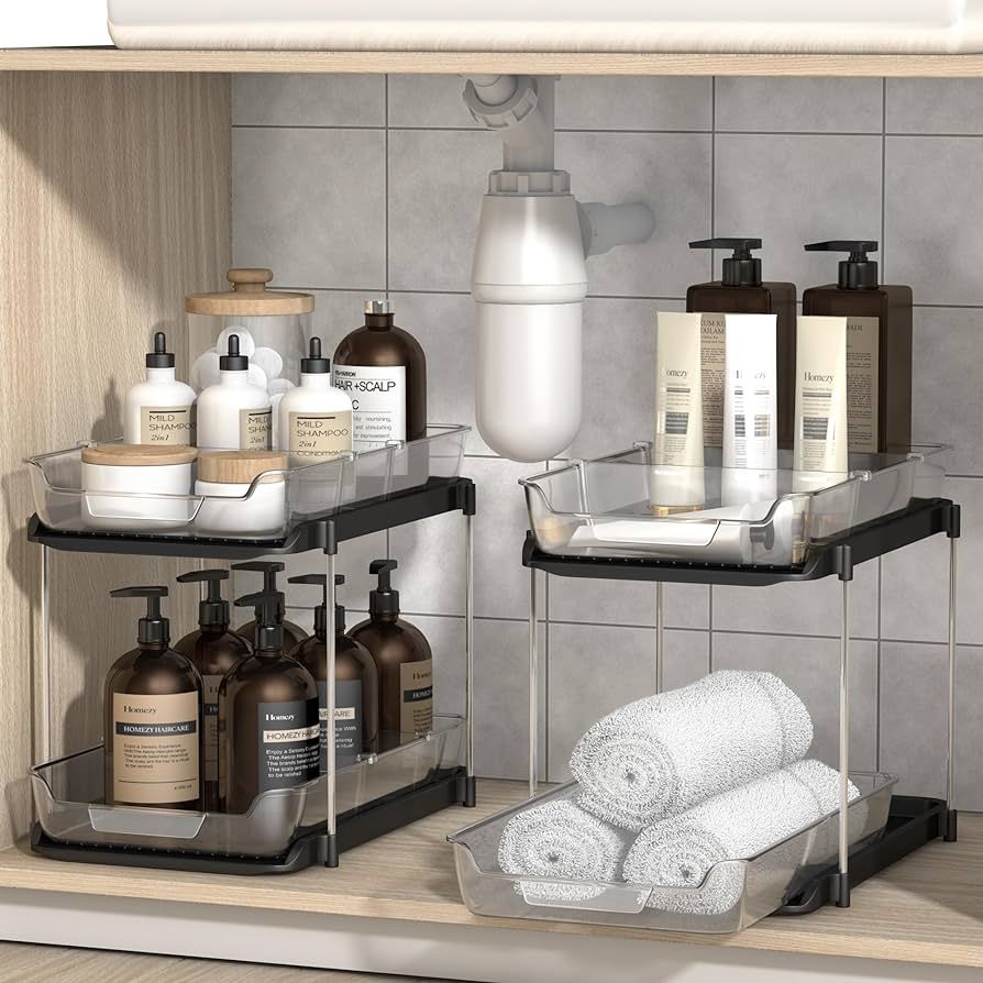 Homezy 2 Large Sets of Black & Clear 2 Tier Bathroom Under Sink Organizers and Storage - Multi Purpose Bathroom Cabinet Organizer - Under Sink Storage for Kitchen Bathroom Cabinet | Amazon (US)