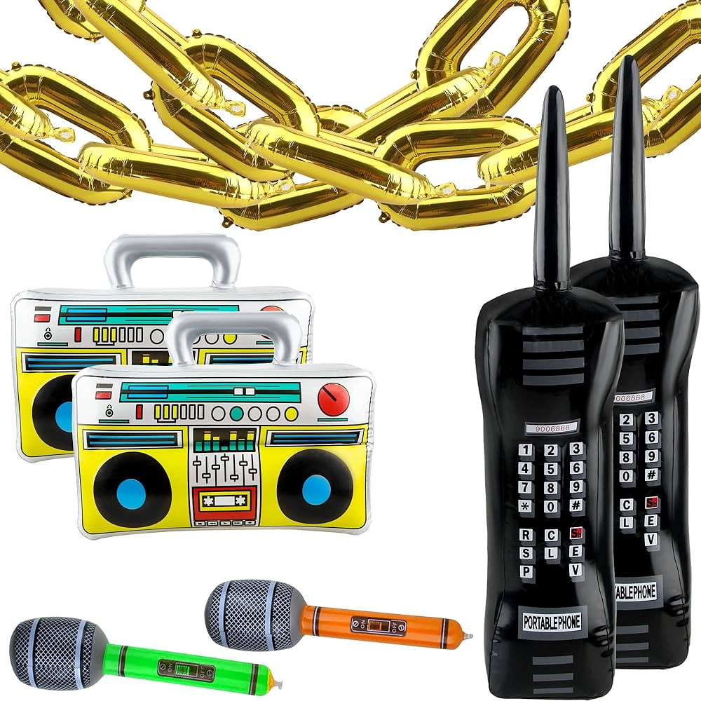 26 Pack Inflatable Radio Boombox Mobile Phone Microphone and Gold Foil Chain Balloons for Adults ... | Amazon (US)