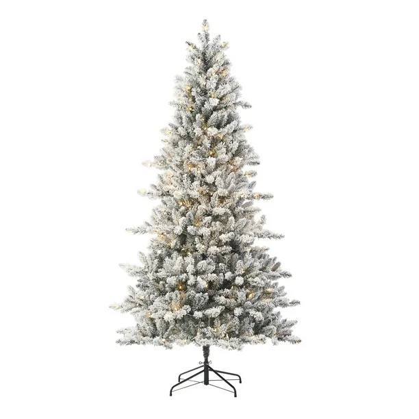 Holiday Time Pre-Lit Flocked Birmingham Fir Artificial Christmas Tree, Warm White LED Lights, Gre... | Walmart (US)