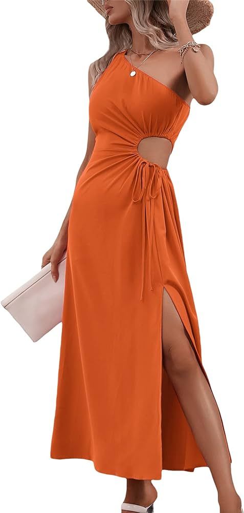 WDIRARA Women's One Shoulder Cut Out Thigh Slit Sleeveless Drawstring Side Long Dress | Amazon (US)