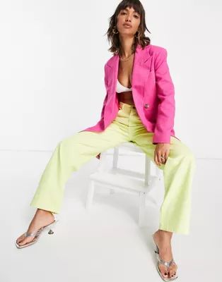 Topshop double breasted bold shoulder blazer in bright pink | ASOS (Global)