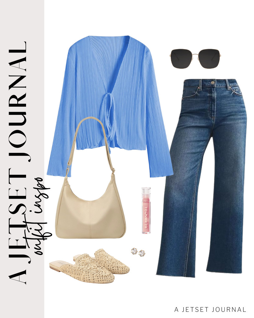 I think these Raffia mules are made for this pair of blue front-tie top and wide-leg jeans. You can easily style it with a slouchy shoulder bag, stud earrings, and these cool metal-frame sunnies from SOJOS. 

 #LTKSeasonal #LTKSaleAlert #LTKTravel