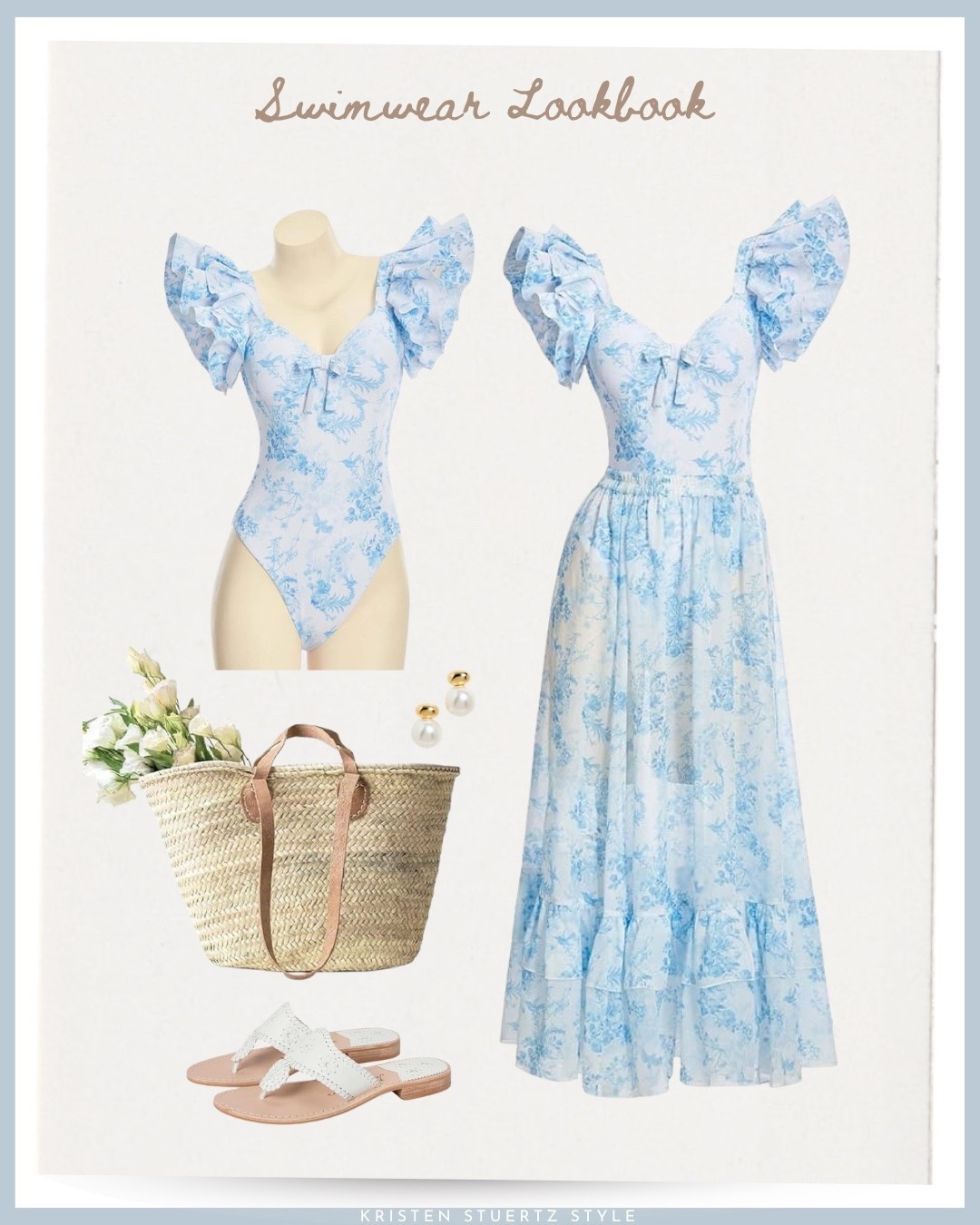 A feminine toile-inspired swimsuit set. This beautiful ruffle sleeve one piece comes with a matching maxi skirt! I’ve added a French market tote and Jack Roger’s sandals to complete the look.


#vacation outfits beach 

#LTKOver40 #LTKSeasonal

#LTKSwim #LTKTravel

#LTKOver40
