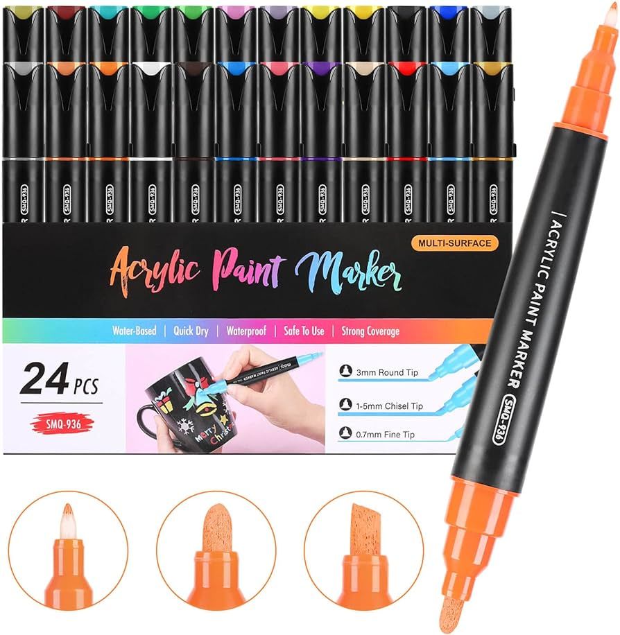Paint Pens Paint Markers, 24 Colors Three Tips Acrylic Markers Pens With Fine Tip Medium Tip Chis... | Amazon (US)