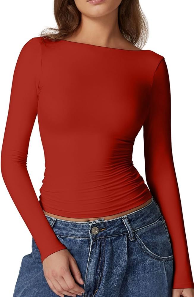 QINSEN Women's Sexy Open Back Long Sleeve Shirts High Neck Double Lined Tees Fitted Going Out Top... | Amazon (US)