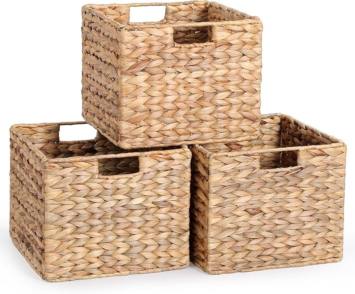 12x12x10 Water Hyacinth Storage Basket Large, Folding Cube Woven Wicker Storage Basket for Shelve... | Amazon (US)