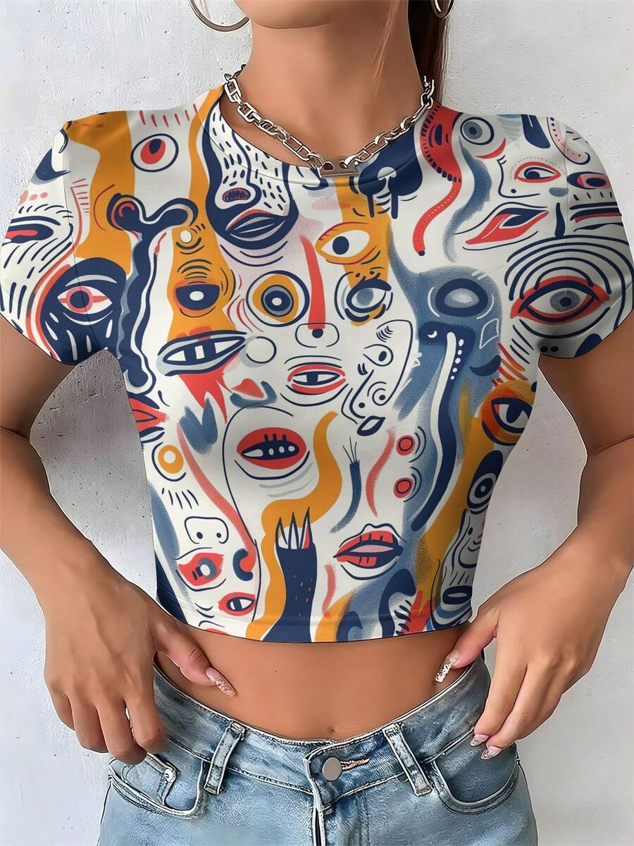LocalWomen's Y2K Aesthetic Slim Fit Crop Top Short Sleeve Abstract Faces Art Design  Crop Top, Su... | SHEIN