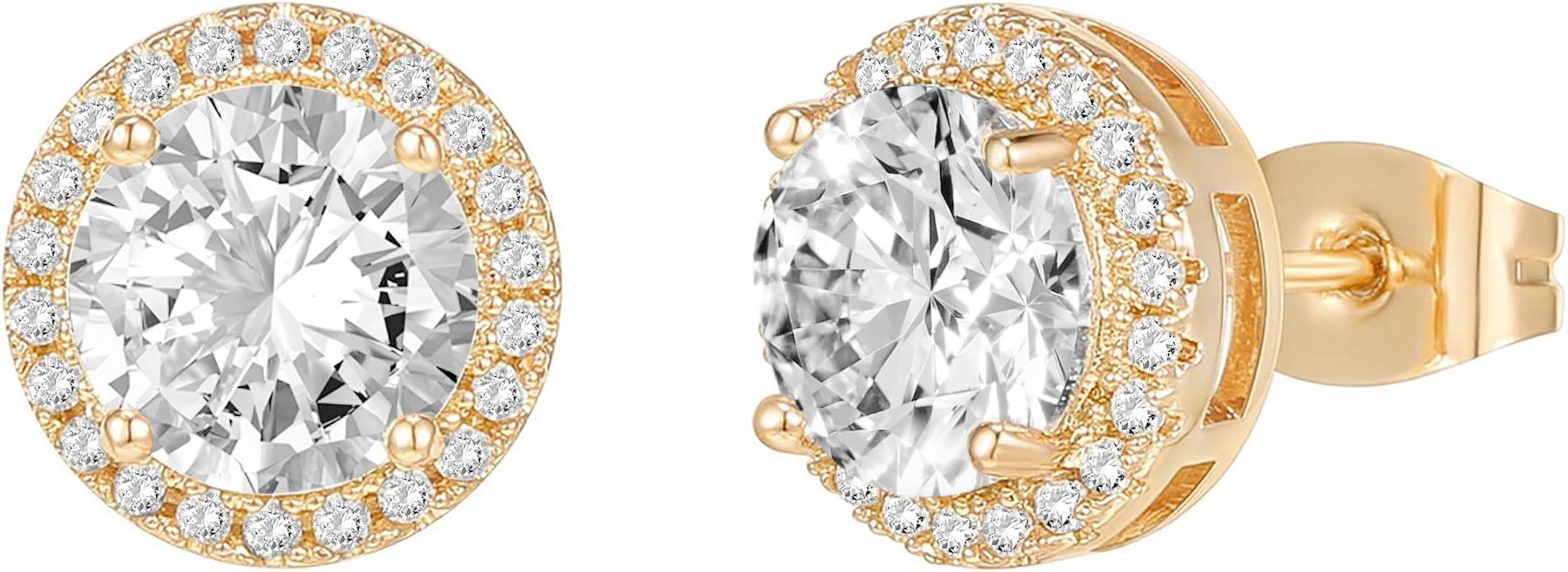 PAVOI 14K Gold Plated Sterling Silver Post Brilliant Round Faux Diamond Halo Earrings - Premium C... | Amazon (US)