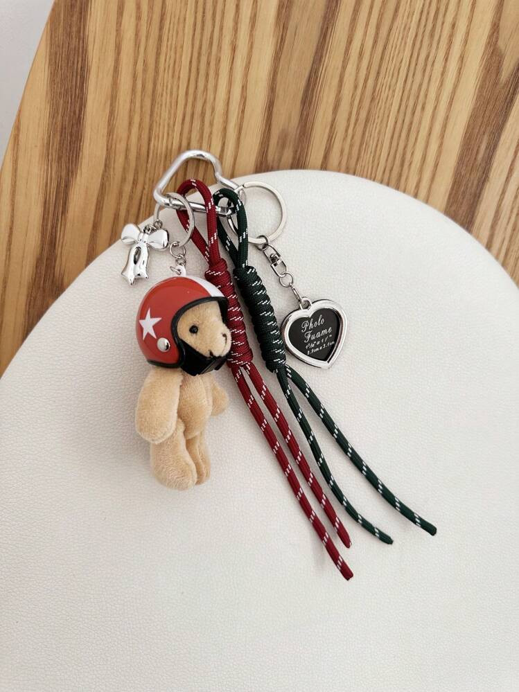 Cute Helmet Bear Bag Charm, Heart-Shaped Photo Frame Pendant DIY, Black & White Handmade Rope, Great Gift For Girlfriends & Friends | SHEIN