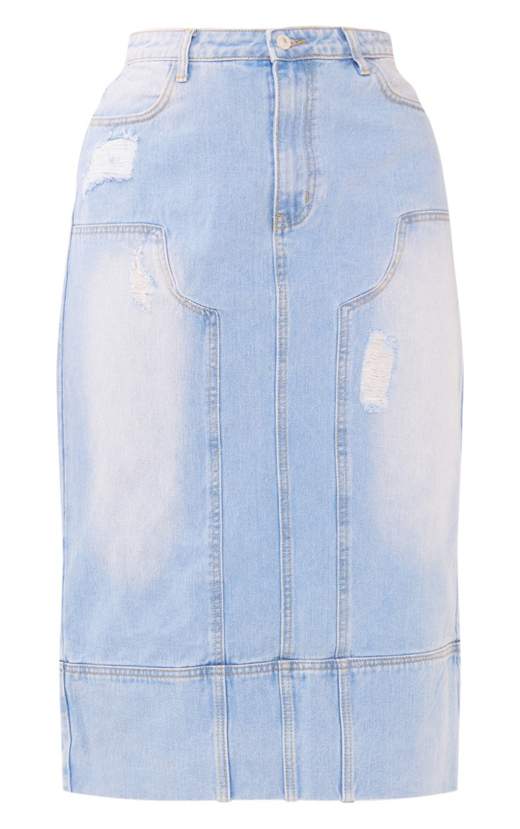 Plus Light Blue Wash Distressed Denim Midi Skirt | PrettyLittleThing US