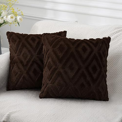 Pallene Brown Throw Pillow Covers 24x24 Set of 2, Soft Plush Faux Fur Decorative Couch Pillow Covers for Sofa Bed Living Room Pillow Cases with 3D Diamond Pattern | Amazon (US)