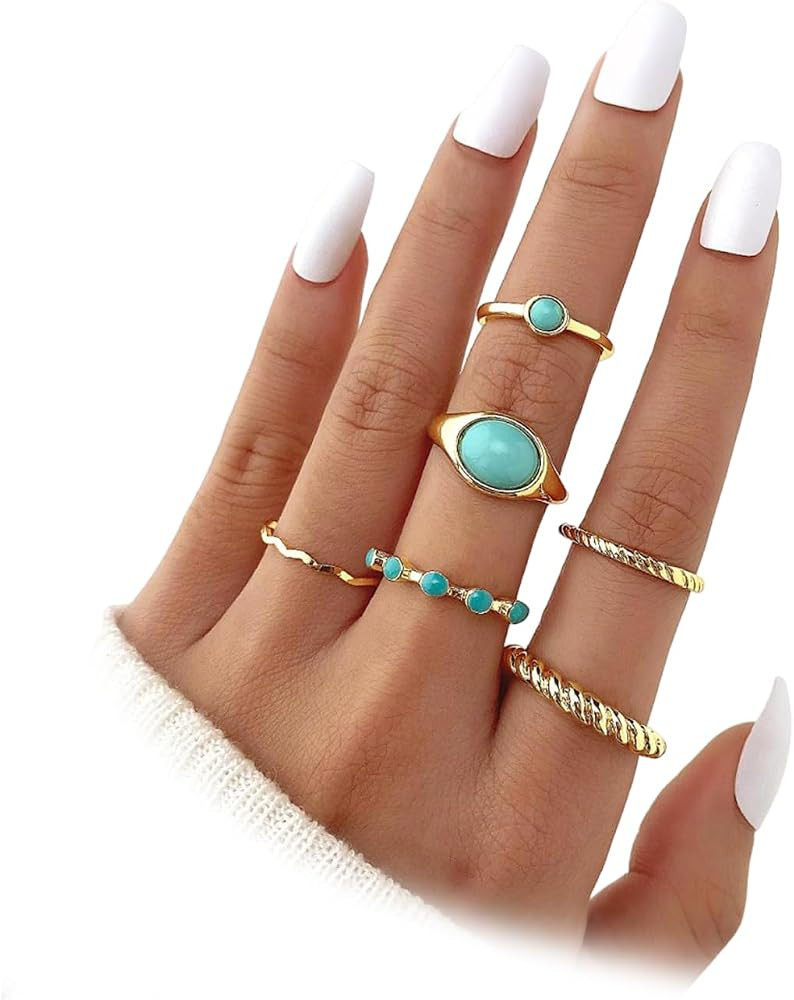 Gold Turquoise Rings for Women,Vintage Bohemian Statement Ring Set Trendy Green Stone Stackable W... | Amazon (US)