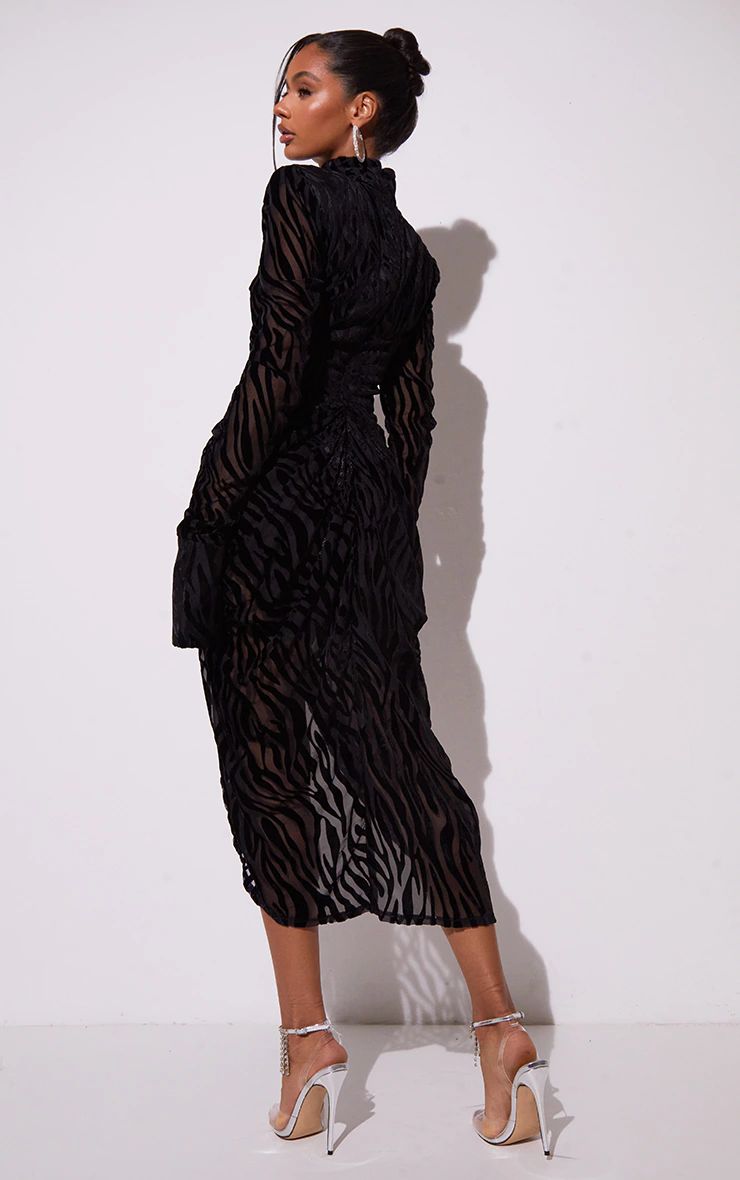 Black Zebra Print Devore High Neck Draped Midi Dress | PrettyLittleThing US