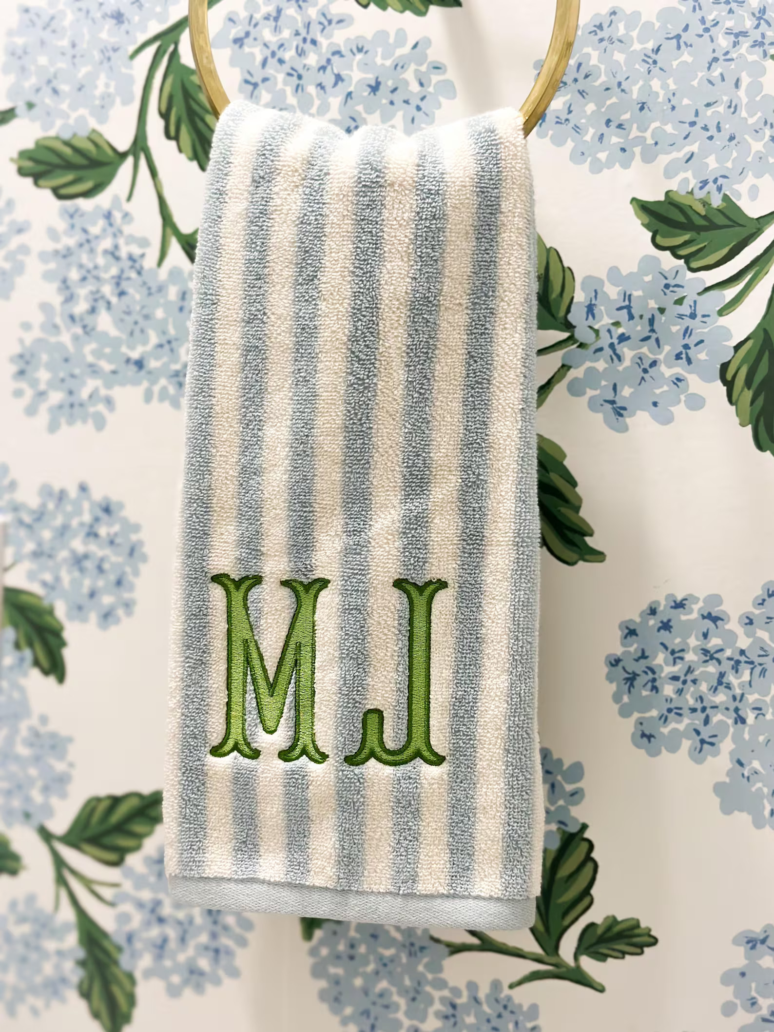 Coastal Grandmillennial Hand Towel – Powder Blue & White Stripe | Elegant Green Embroidered Gue... | Etsy (US)