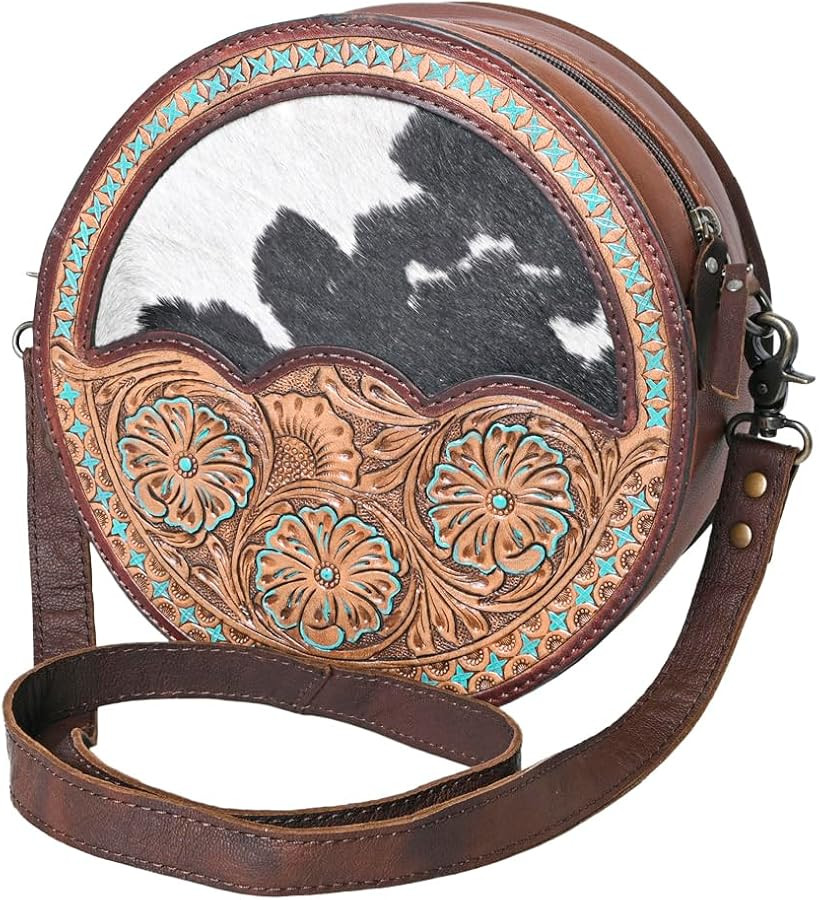 Canteen Hand Tooled Hair-On Genuine Leather Women Bag Western Handbag Purse | | Womens Western Ha... | Amazon (US)
